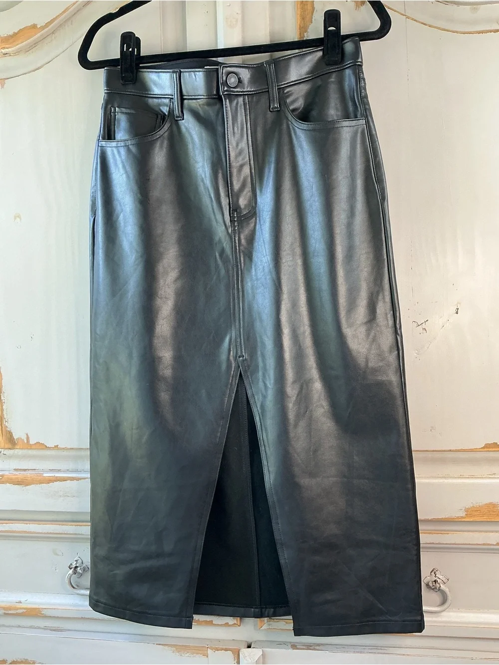 Abercrombie & Fitch | Black Faux Leather Midi Skirt with Front Slit Size 28